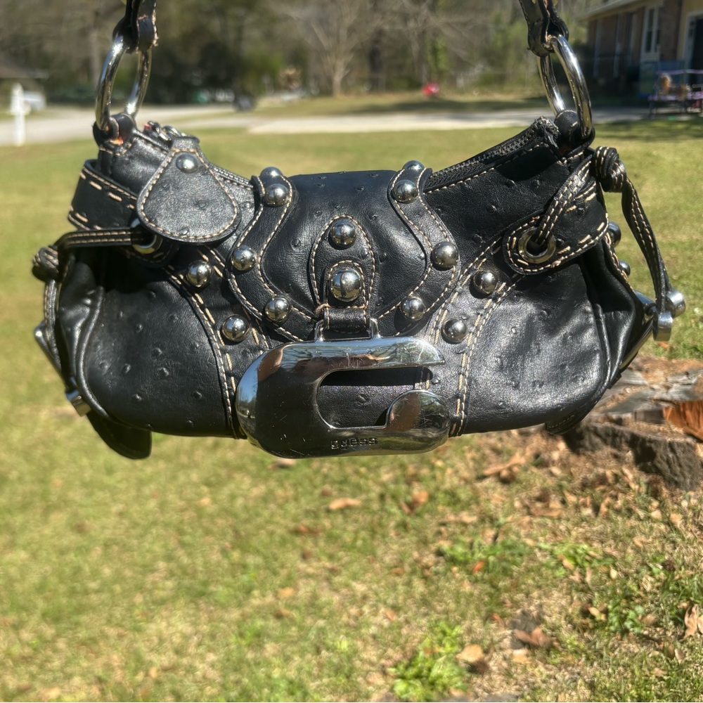 VNTG Y2K Guess Studded Shoulder Bag- Black Ostrich Embossed Leather-Rare